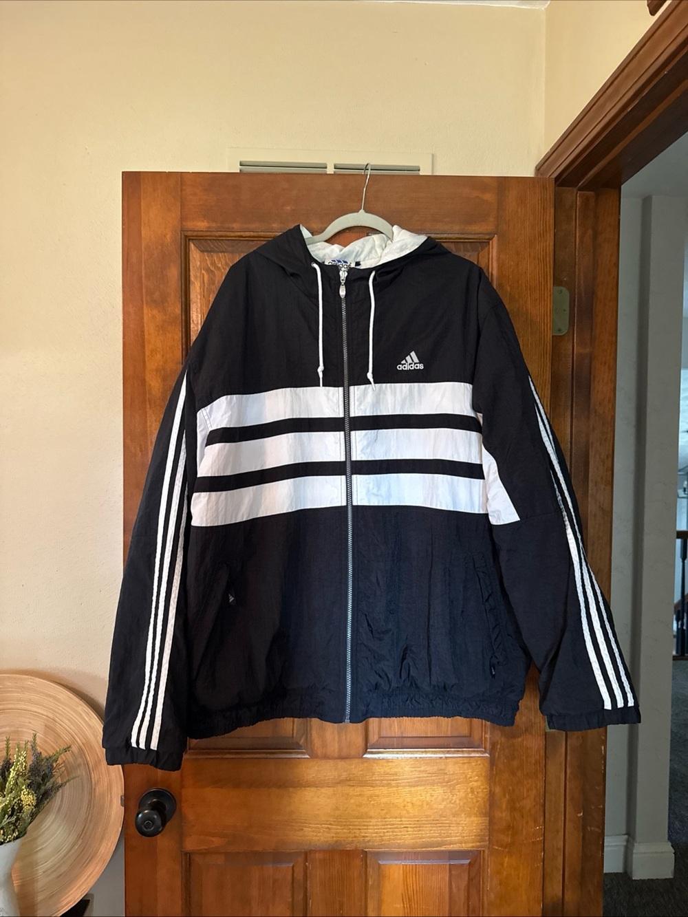 VINTAGE Adidas Men Jacket 2XL Tall Black 90s Nylon Striped Activewear/Coat